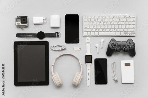 Composition with various modern devices on grey background