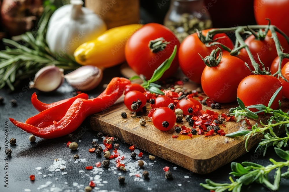 Fresh tomatoes, red peppers, garlic, and herbs on a wooden cutting board. Fresh tomatoes, red peppers, garlic, and herbs on a wooden cutting board.