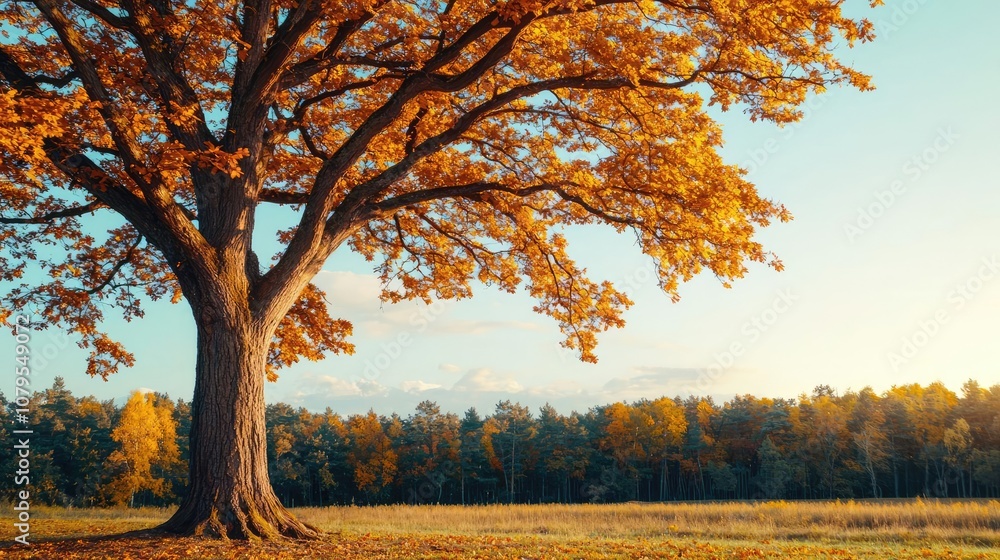 Fototapeta premium Majestic autumn tree with vibrant orange leaves in a serene landscape.