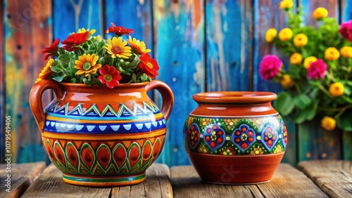 Festive Spanish decor featuring a traditional pot, vibrant colors, and cultural celebration , Spanish, festive, decor