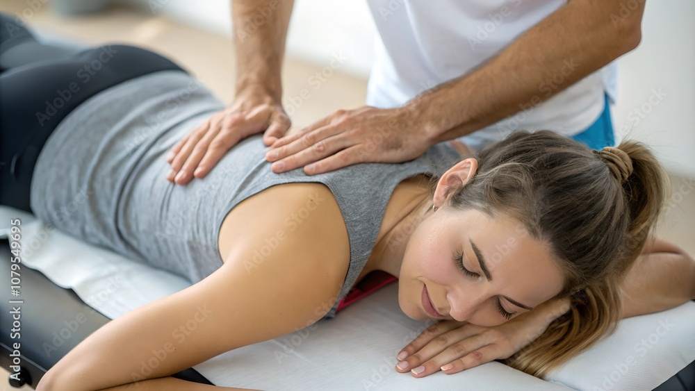 Osteopath working on a woman's back in a Osteopathy chiropractic physio clinic Osteopath working on a woman's back in a Osteopathy chiropractic physio clinic