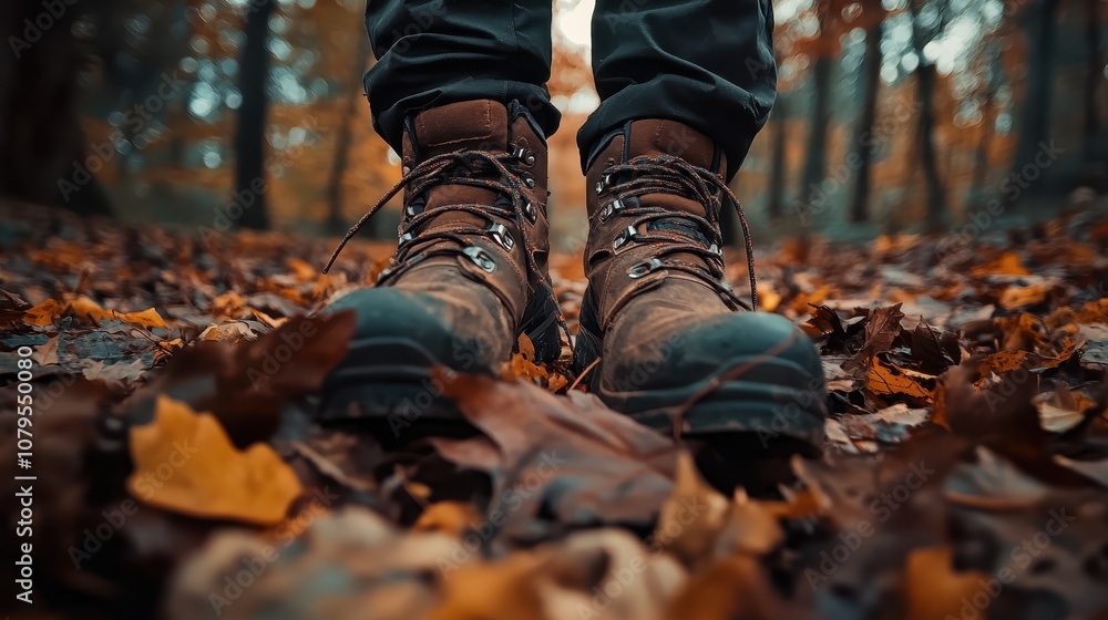Close-up of Hiking Boots in Autumn Leaves - Fall Foliage, Nature, Hiking Close-up of Hiking Boots in Autumn Leaves - Fall Foliage, Nature, Hiking