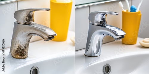 Comparison of dirty and clean stainless faucet covers bathroom photography domestic setting close-up view cleaning concept for home maintenance photo