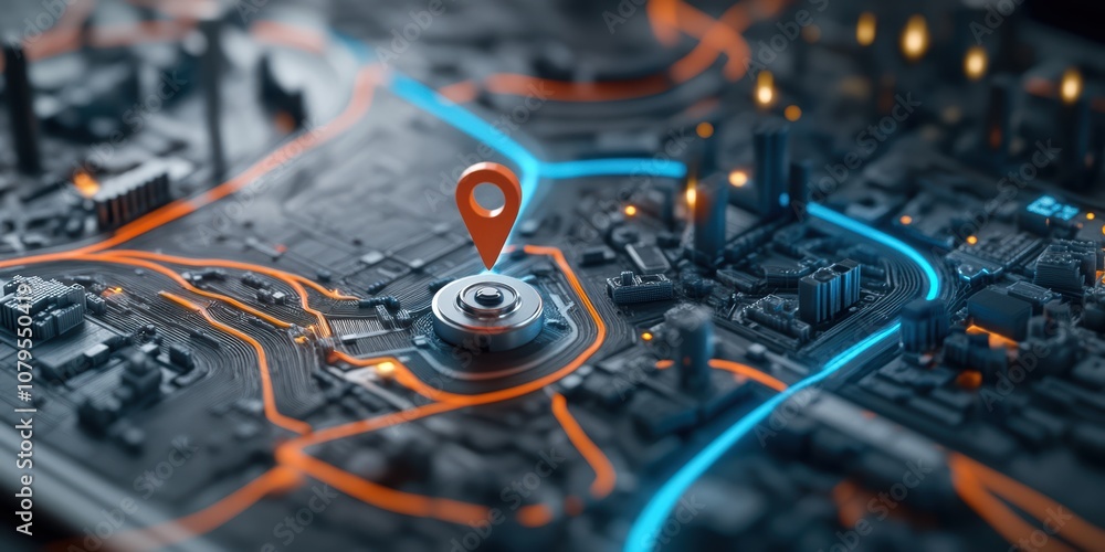 Fototapeta premium Mapping digital locations with ai technology hand set coordinates on map with two pins in urban environment perspective