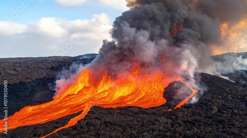 Lava flow erupting from the volcano against a cloudy sky, dynamic natural phenomenon. photo