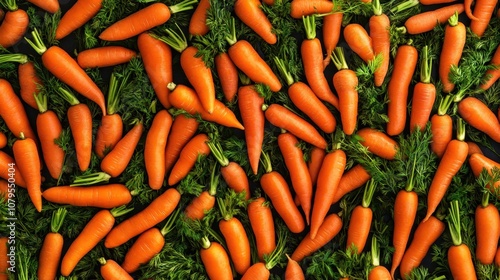 Fresh Orange Carrots with Green Tops on Black Background - Top View, Food Photography