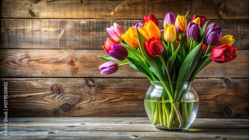 Wallpaper Mural Vibrant tulips in a clear glass vase on a rustic wooden table, blooms, spring, fresh, colorful, floral, arrangement, decoration Torontodigital.ca