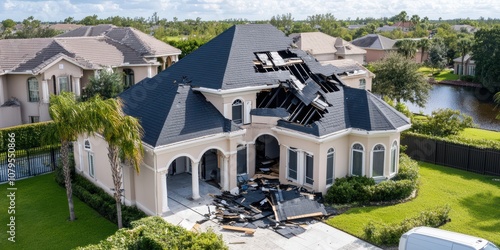 Hurricane ian damage assessment florida residential area aerial view roof destruction post-storm recovery photo