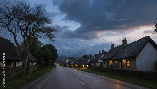 Quiet Village Road at Dusk Under a Brooding Sky with Heavy Clouds
