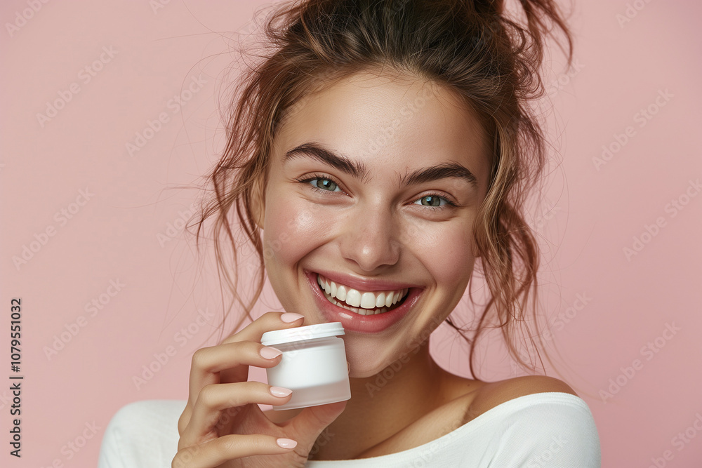 woman holding a cream bottle in her hands. Close up portrait of woman with beauty product. Smiling portrait of a woman. Cosmetics background. AI Generated woman holding a cream bottle in her hands. Close up portrait of woman with beauty product. Smiling portrait of a woman. Cosmetics background. AI Generated