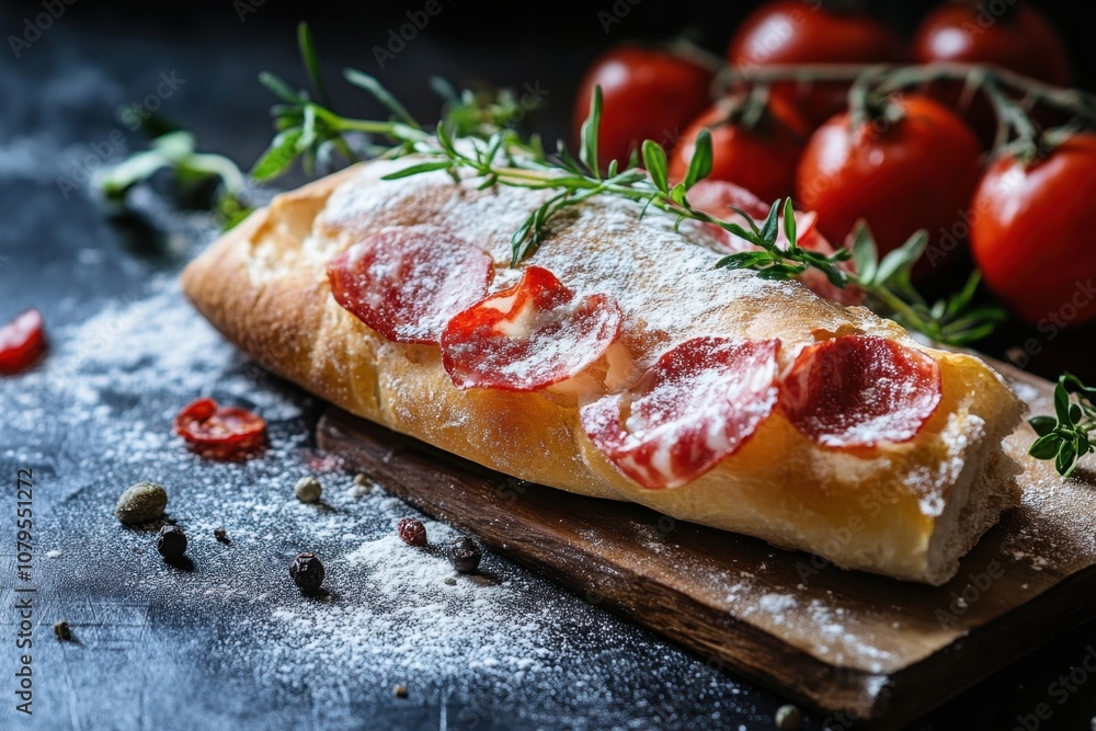 Freshly baked bread with salami slices, rosemary and tomatoes. Freshly baked bread with salami slices, rosemary and tomatoes.