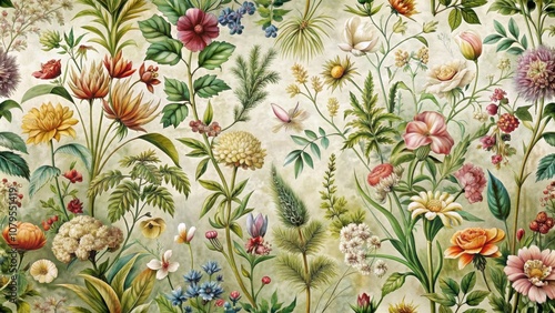 Beautiful wallpaper featuring intricate engravings of plants and flowers, pattern, wallpaper, plants, flowers, engraving
