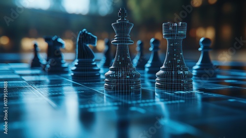 Close up of chess pieces on a digital board, with the king and rook in focus.