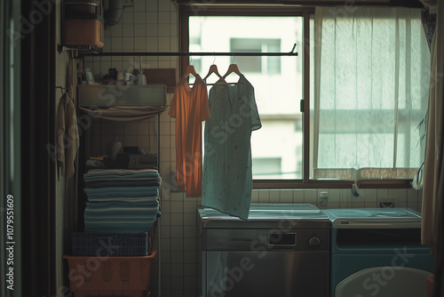 Interior design of homie laundry on apartment with plant decoration, Interior design of utility room with laundry machine and clothesline hanging. photo