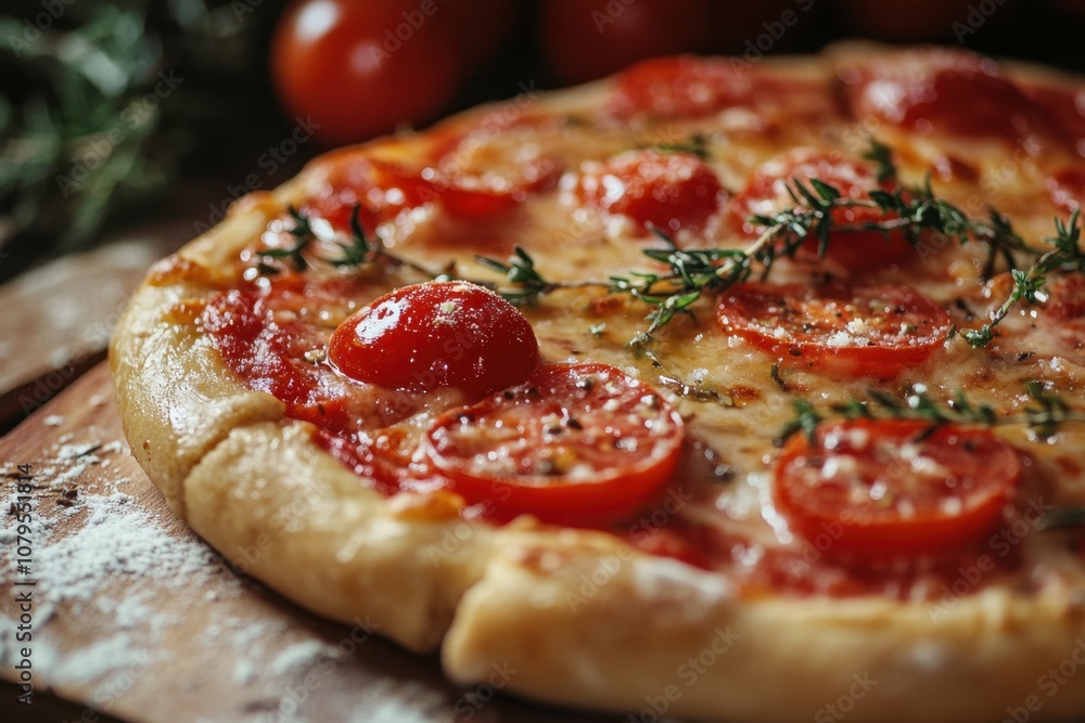 Freshly baked pizza with tomato and cheese on a wooden board. Freshly baked pizza with tomato and cheese on a wooden board.
