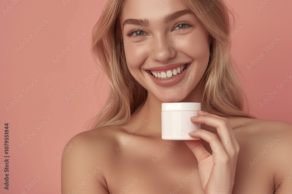 woman holding a cream bottle in her hands. Close up portrait of woman with beauty product. Smiling portrait of a woman. Cosmetics background. AI Generated woman holding a cream bottle in her hands. Close up portrait of woman with beauty product. Smiling portrait of a woman. Cosmetics background. AI Generated