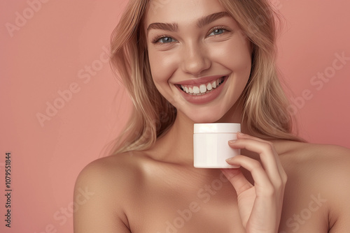 woman holding a cream bottle in her hands. Close up portrait of woman with beauty product. Smiling portrait of a woman. Cosmetics background. AI Generated