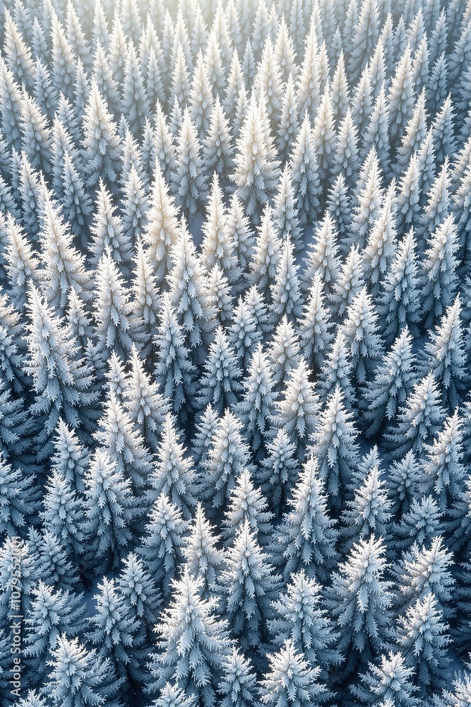 Fototapeta premium Aerial View of Frost-Covered Evergreen Forest in Winter