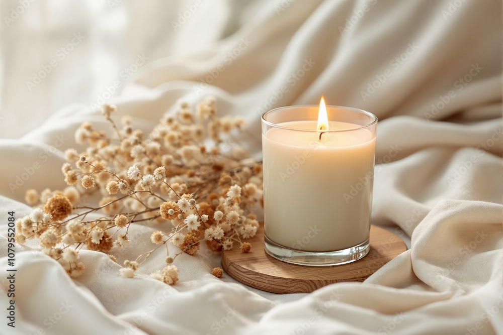 Aesthetically Pleasing Candle with a Soft Glow on a Cozy Blanketed Surface Surrounded by Dried Flowers Aesthetically Pleasing Candle with a Soft Glow on a Cozy Blanketed Surface Surrounded by Dried Flowers