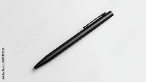 Black Ballpoint Pen on White Background, Top View, Close-up, Minimalist Design