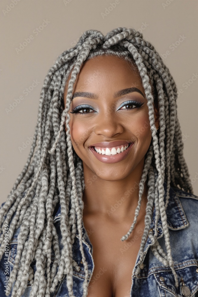 Portrait of a Smiling Woman with Silver Braids and Bold Makeup Portrait of a Smiling Woman with Silver Braids and Bold Makeup