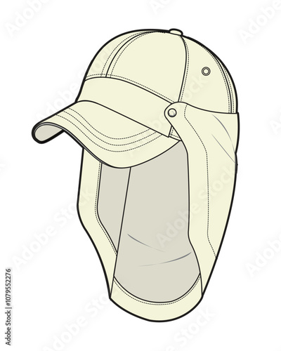 Boys neck flap cap flat drawing vector mockup template.