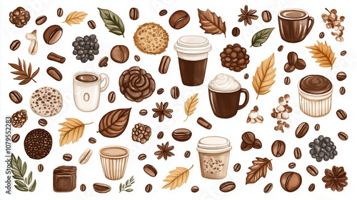 Wallpaper Mural Autumn Coffee Collection: Cozy fall vibes with hand-drawn coffee cups, beans, leaves, and sweet treats. Perfect for cafe menus, blogs, and seasonal designs.  Torontodigital.ca