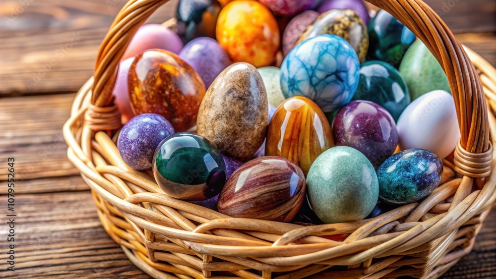 Easter basket filled with gemstone adorned eggs, invoking magic and awe , Easter, enchantment, gemstones, eggs, magic