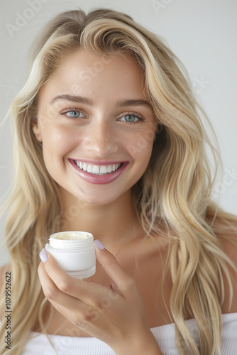 woman holding a cream bottle in her hands. Close up portrait of woman with beauty product. Smiling portrait of a woman. Cosmetics background. AI Generated