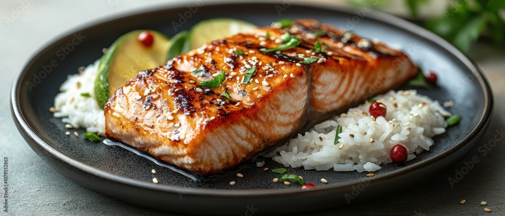Teriyaki Salmon Platter, featuring succulent salmon glazed in teriyaki sauce, accompanied by vibrant vegetables and fluffy rice, culinary delight Teriyaki Salmon Platter, featuring succulent salmon glazed in teriyaki sauce, accompanied by vibrant vegetables and fluffy rice, culinary delight