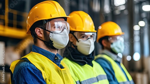 Construction Workers Wearing Hard Hats, Safety Glasses, and Face Masks