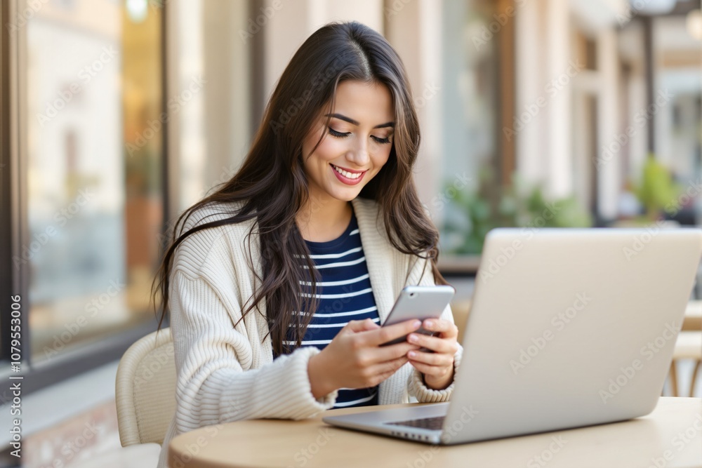 Young Woman Smiling While Using Smartphone at Outdoor Café Young Woman Smiling While Using Smartphone at Outdoor Café