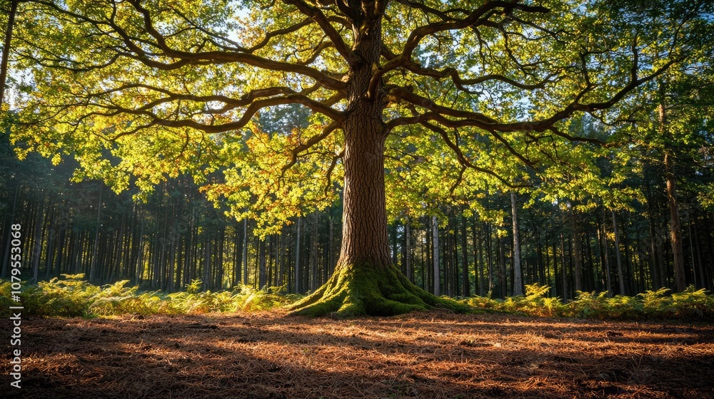 Fototapeta premium Majestic tree with lush green leaves in a serene forest setting.