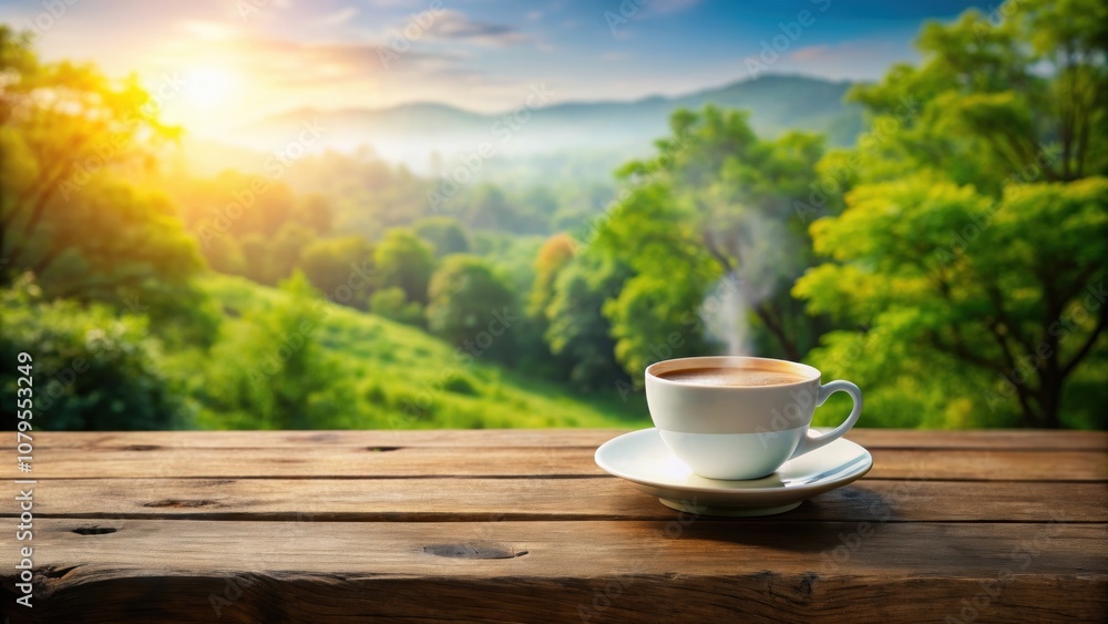 Cup of coffee on wooden table with nature background, coffee, cup, table, drink, beverage, outdoor, nature, morning Cup of coffee on wooden table with nature background, coffee, cup, table, drink, beverage, outdoor, nature, morning