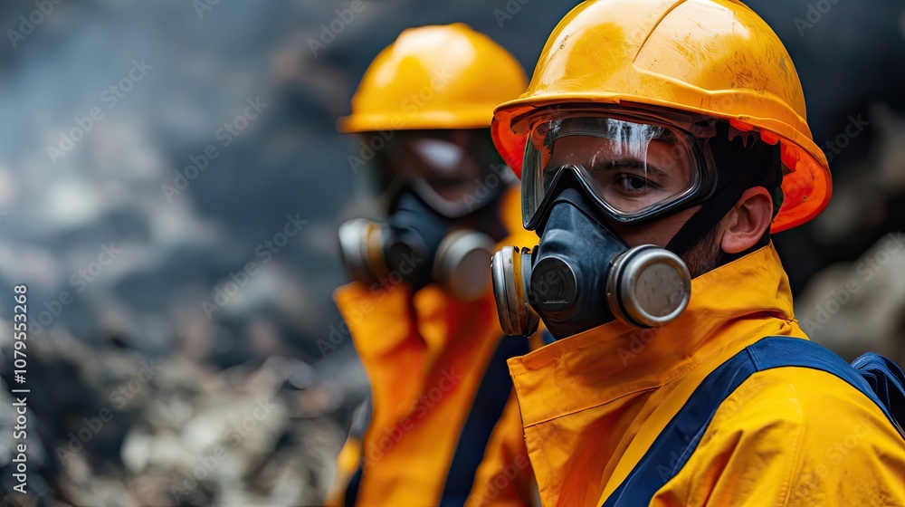 Firefighters Wearing Gas Masks and Protective Gear Firefighters Wearing Gas Masks and Protective Gear