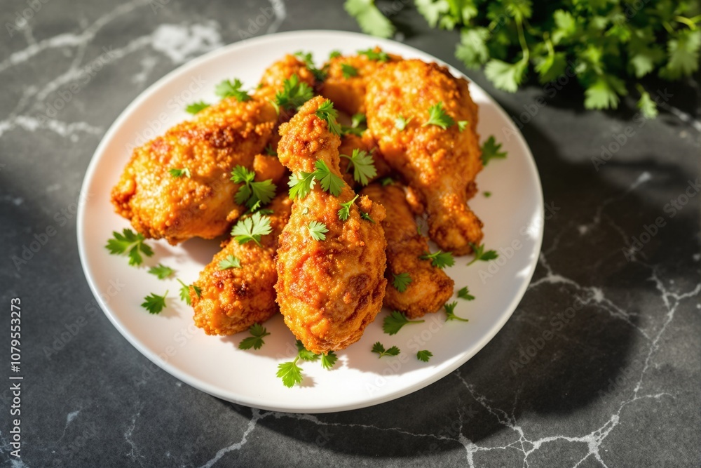 Crispy Fried Chicken Drumsticks Garnished with Fresh Cilantro on a Marble Surface Crispy Fried Chicken Drumsticks Garnished with Fresh Cilantro on a Marble Surface