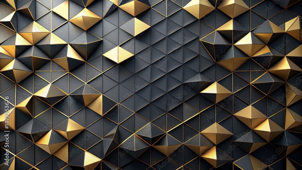 Obraz premium Abstract triangular background in black and gold, abstract,triangle, black, gold, geometric, modern, futuristic, design