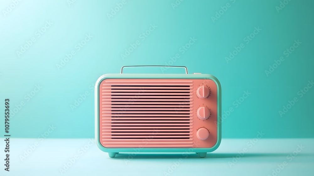 A pastel pink and green retro radio on a blue background. A pastel pink and green retro radio on a blue background.
