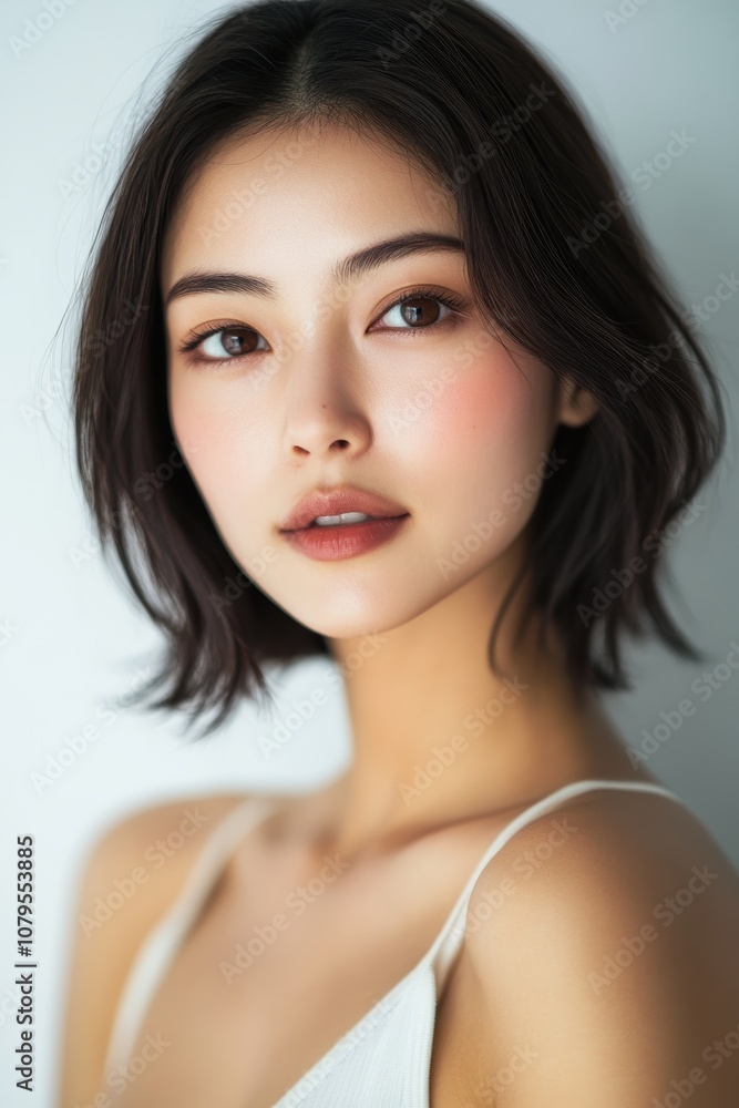 A senior Asian woman with shoulder-length hair poses in a bikini, exuding confidence and grace against a clean white background. A senior Asian woman with shoulder-length hair poses in a bikini, exuding confidence and grace against a clean white background.