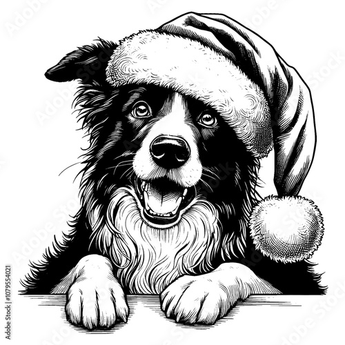 Hand drawn cute Border Collie wearing a Santa hat, vector sketch isolated on white background, SVG vector	