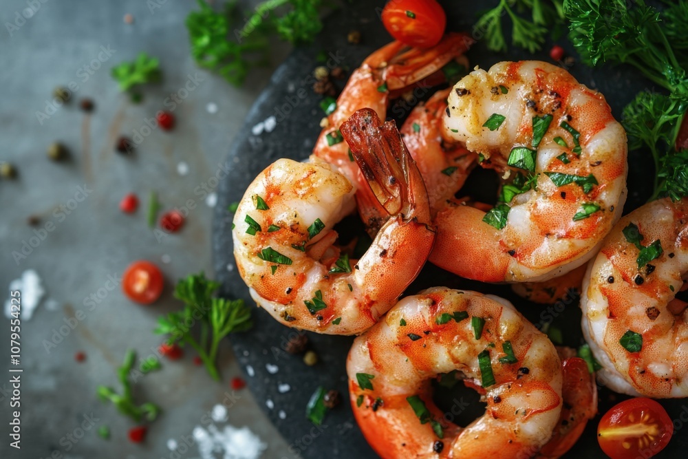Grilled shrimp with parsley, tomatoes, and spices on a black slate plate. Grilled shrimp with parsley, tomatoes, and spices on a black slate plate.