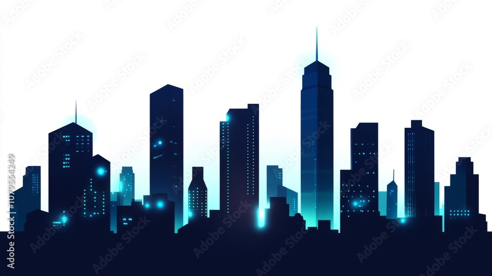 New York City skyline at night with illuminated skyscrapers on an isolated white background. Concept of cityscape and urban design template New York City skyline at night with illuminated skyscrapers on an isolated white background. Concept of cityscape and urban design template