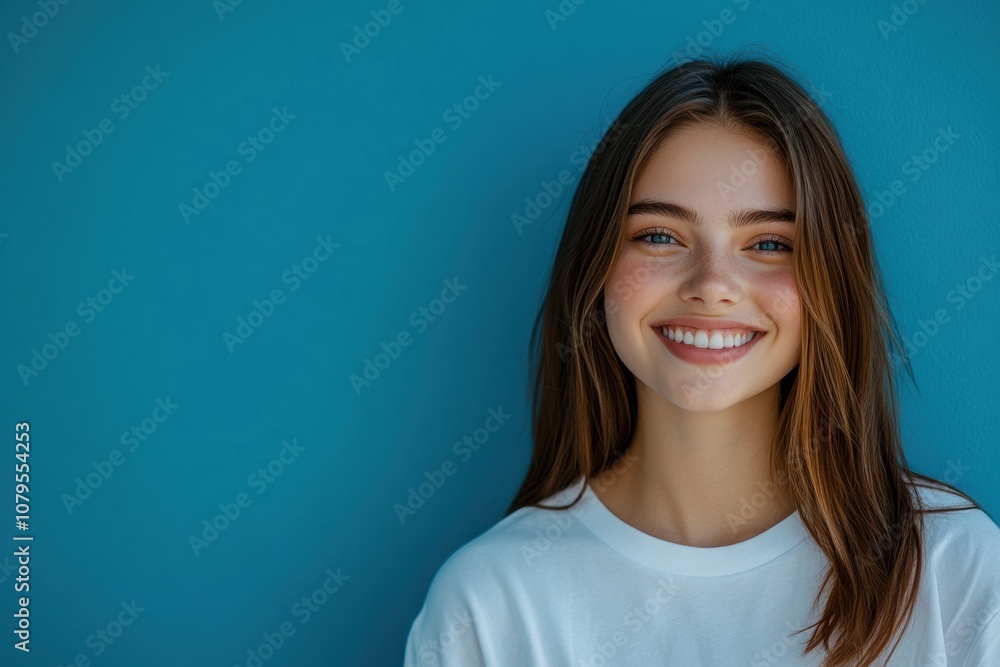 Fototapeta premium Smiling brightly, a Caucasian woman in a white shirt poses confidently against a turquoise backdrop, highlighting her charm and beauty.
