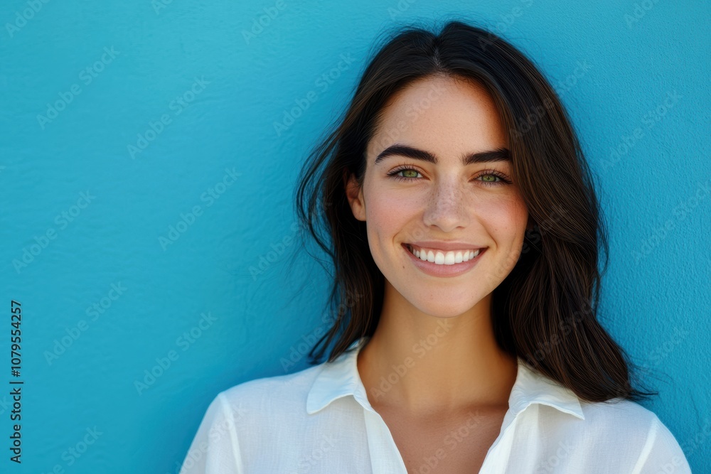 A Cute Caucasian woman with a radiant smile and white shirt stands confidently against a turquoise background, her charm and beauty shining through. A Cute Caucasian woman with a radiant smile and white shirt stands confidently against a turquoise background, her charm and beauty shining through.