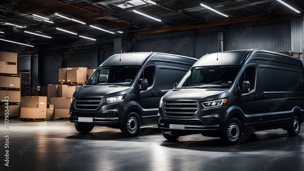 Side view of a commercial van standing in a warehouse. Side view of a commercial van standing in a warehouse.