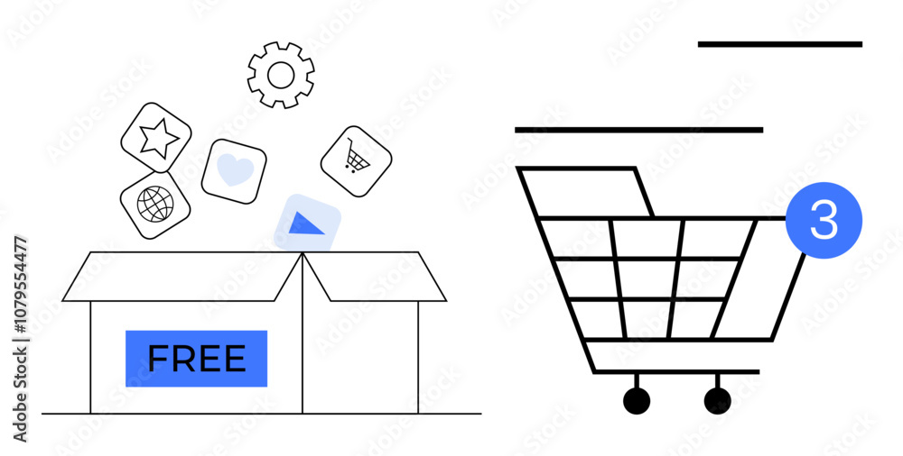 Open box labeled FREE with digital icons for apps emerging shopping cart with notification bubble showing 3 items. Ideal for e-commerce, free apps, digital marketing, online shopping carts, app Open box labeled FREE with digital icons for apps emerging shopping cart with notification bubble showing 3 items. Ideal for e-commerce, free apps, digital marketing, online shopping carts, app