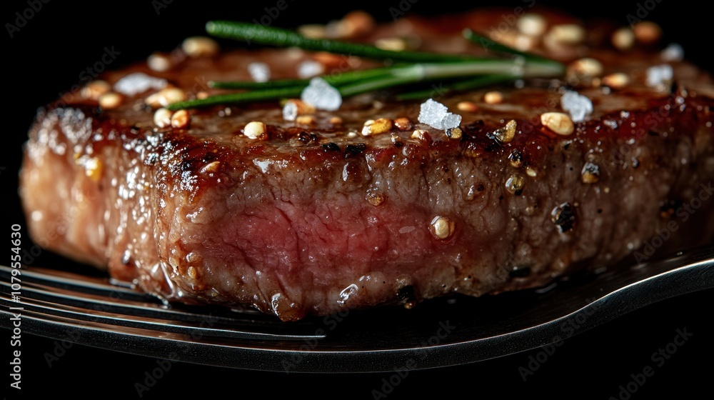 Close-up of a perfectly cooked steak with rosemary and sea salt on a fork.