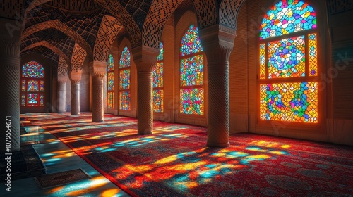 Stunning mosque interior adorned with intricate stained glass, vibrant sunlight illuminating ornate details and serene ambiance. photo