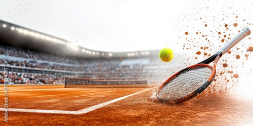 Tennis action shot of a racket hitting a ball on a clay court at roland garros dynamic image sport environment close-up view athletic concept