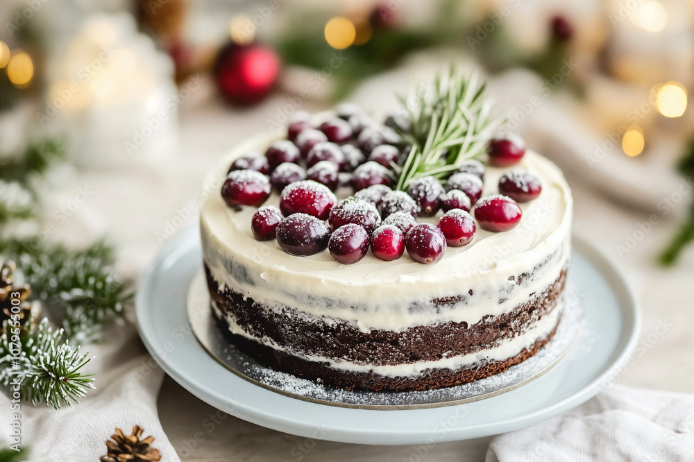 Christmas Cake with Cranberries and Rosemary Garnish Christmas Cake with Cranberries and Rosemary Garnish